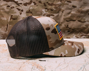 Arid camo mesh snap back, American flag patch