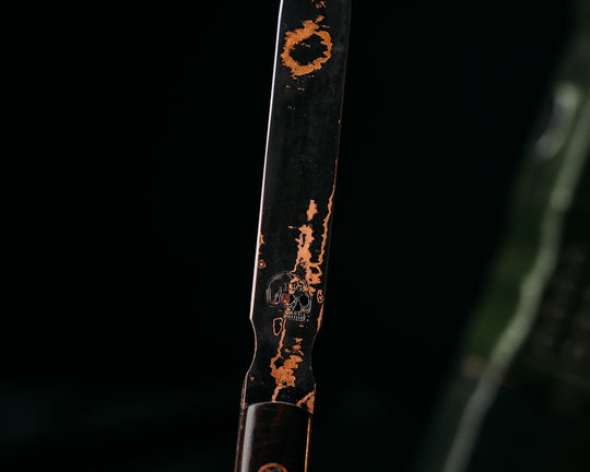 OSS Spike- Baker Forge Random Pattern Damascus- Desert Ironwood, Copper Patriot Mosaic Pins, Smooth Grip