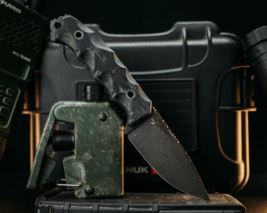 Cav-Breacher- ATACS Ghost Gray Camo Micarta, Mosaic Hollow Pins, Old School Rock Worked Spine, Textured Grip