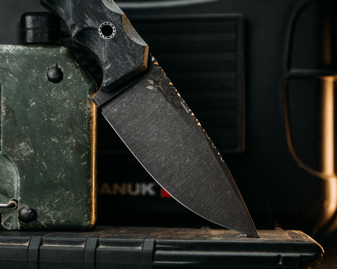 Cav-Breacher- ATACS Ghost Gray Camo Micarta, Mosaic Hollow Pins, Old School Rock Worked Spine, Textured Grip