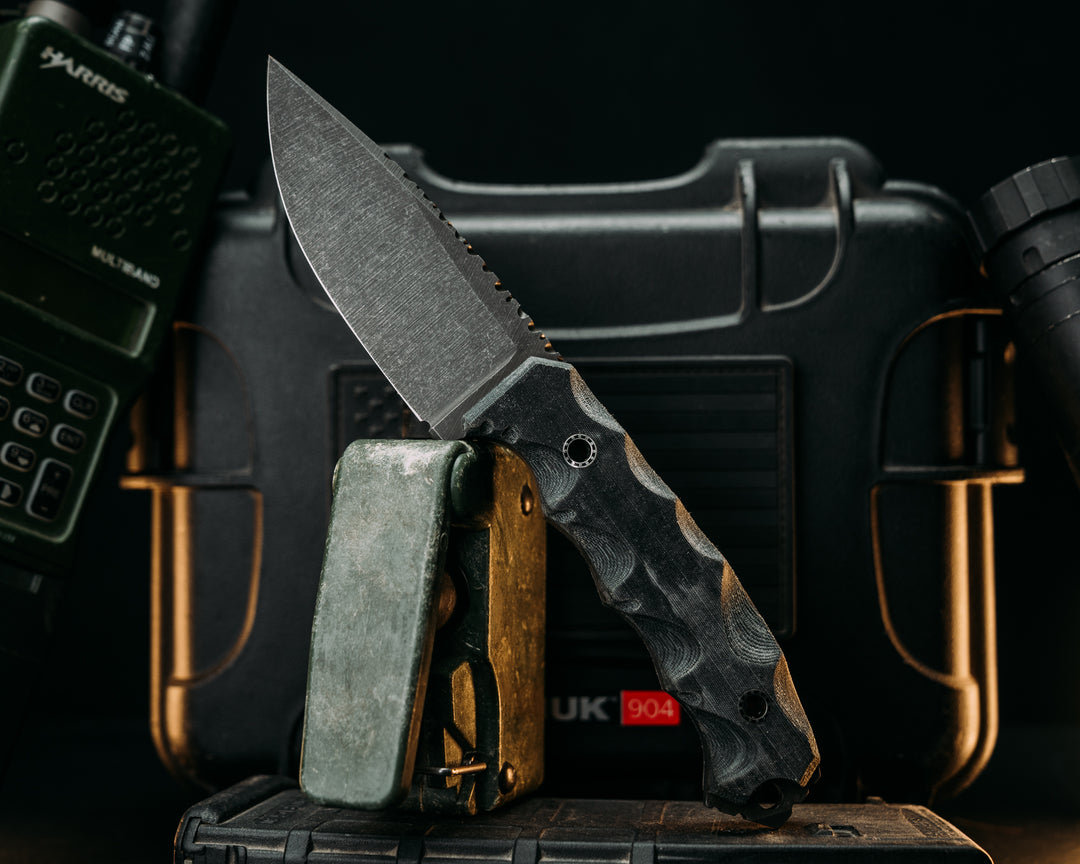 Cav-Breacher- ATACS Ghost Gray Camo Micarta, Mosaic Hollow Pins, Old School Rock Worked Spine, Textured Grip