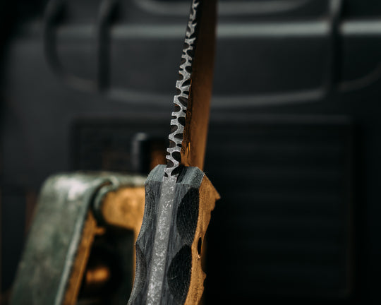 Cav-Breacher- ATACS Ghost Gray Camo Micarta, Mosaic Hollow Pins, Old School Rock Worked Spine, Textured Grip