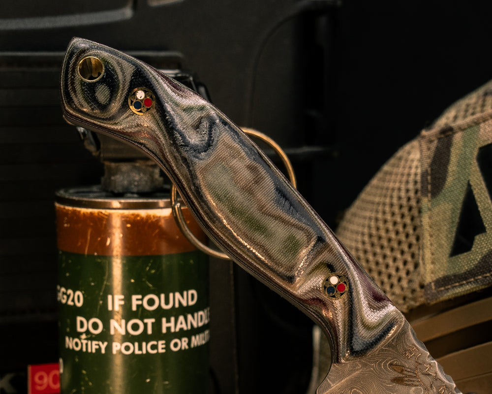 Widow Maker JR- Baker Forge Stainless Steel Random Pattern Damascus- Navy SEAL AOR1 and AOR2 Cammie and Canvas American Flag Micarta, Patriot Mosaic Pins, Brass Lanyard Pin, Textured Grip