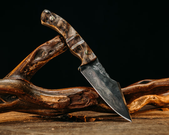 Widow Maker Jr- Baker Forge Raindrop Damascus- Chechen Caribbean Rosewood, OD Green G10, Copper and White G10 Pin Striping, Chechen Caribbean Rosewood Over Coyote G10, Mosaic Pins, 1/8" Mosaic Pin, Textured Grip