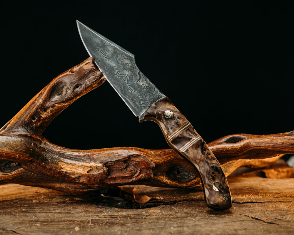 Widow Maker Jr- Baker Forge Raindrop Damascus- Chechen Caribbean Rosewood, OD Green G10, Copper and White G10 Pin Striping, Chechen Caribbean Rosewood Over Coyote G10, Mosaic Pins, 1/8" Mosaic Pin, Textured Grip