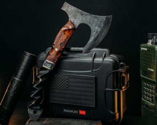 Viking Operator Hawk- Baker Forge Raindrop Damascus- Desert Ironwood, Black G10 and Brass Pin Striping, American Flag Micarta and AOR2 Cammie Micarta Split, Black Diamond Richlite, Mosaic Pins, Textured Grip