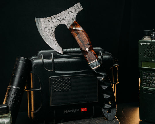 Viking Operator Hawk- Baker Forge Raindrop Damascus- Desert Ironwood, Black G10 and Brass Pin Striping, American Flag Micarta and AOR2 Cammie Micarta Split, Black Diamond Richlite, Mosaic Pins, Textured Grip