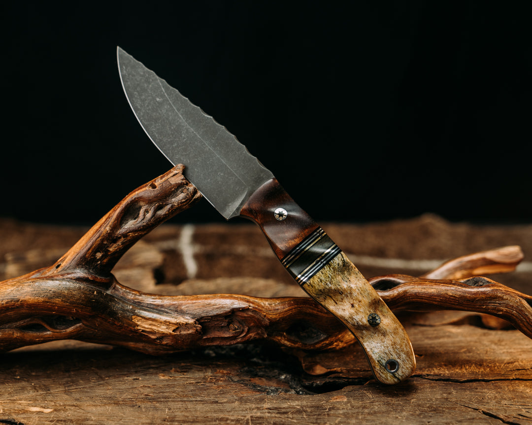 Crow Jr - Hawaiian Curly Koa, Black G10, Aluminum & Brass Pin Striping, Junglewear Carbon Fiber Split, Dyed Giraffe Bone, Mosaic Pins, Aluminum Lanyard Pin, Textured Grip