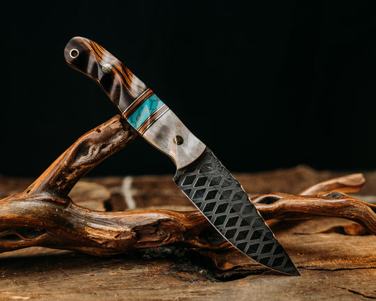 Crow Jr - Elk Antler, Black, Red & Coyote G10 w/ Brass Pin Striping, Turquoise, Mposaic w/ Gold Web Tru Stone Split, Desert Ironwood, Mosaic Pins, Brass Lanyard Pin, Textured Grip Ironwood