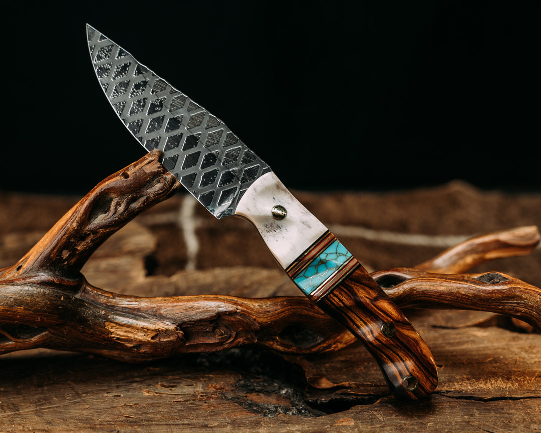 Crow Jr - Elk Antler, Black, Red & Coyote G10 w/ Brass Pin Striping, Turquoise, Mposaic w/ Gold Web Tru Stone Split, Desert Ironwood, Mosaic Pins, Brass Lanyard Pin, Textured Grip Ironwood