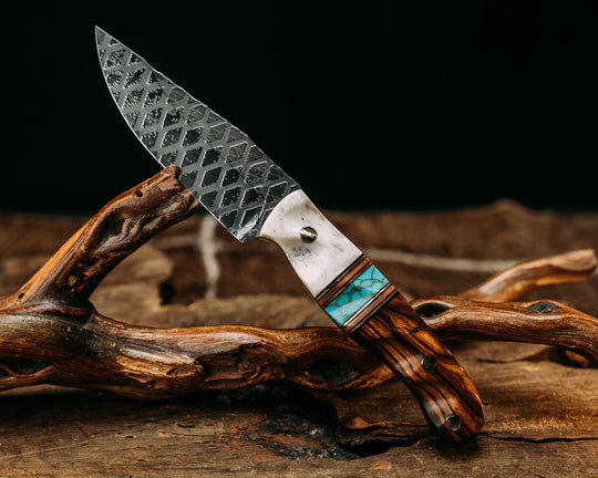 Crow Jr - Elk Antler, Black, Red & Coyote G10 w/ Brass Pin Striping, Turquoise, Mposaic w/ Gold Web Tru Stone Split, Desert Ironwood, Mosaic Pins, Brass Lanyard Pin, Textured Grip Ironwood