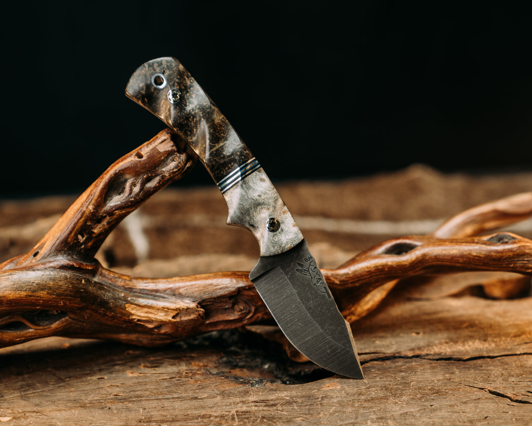 Beef Harpoon - Buckeye, Aluminum, Brass & Black G10 Split, Dyed Black Ash, Mosaic Pins, Aluminum Lanyard Pin, Textured Grip.