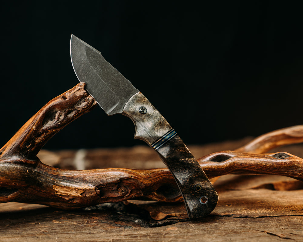 Beef Harpoon - Buckeye, Aluminum, Brass & Black G10 Split, Dyed Black Ash, Mosaic Pins, Aluminum Lanyard Pin, Textured Grip.