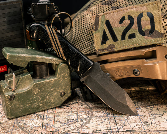 Disaster Cub- Black Burlap Micarta, Coyote G10, OD Green Canvas Micarta and Black G10 Split, Black Micarta Pins, Textured Grip