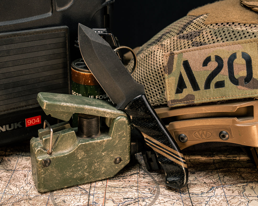 Disaster Cub- Black Burlap Micarta, Coyote G10, OD Green Canvas Micarta and Black G10 Split, Black Micarta Pins, Textured Grip