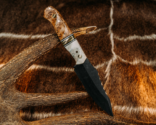 Field Knife (CruWear) - Black, Earth & Ivory G10 Pin Striping, Bras Split, Black Ash, Mosaic Pins, Brass Pins, Grooved Grip.