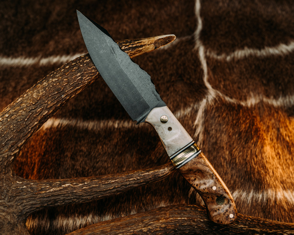 Field Knife (CruWear) - Black, Earth & Ivory G10 Pin Striping, Bras Split, Black Ash, Mosaic Pins, Brass Pins, Grooved Grip.