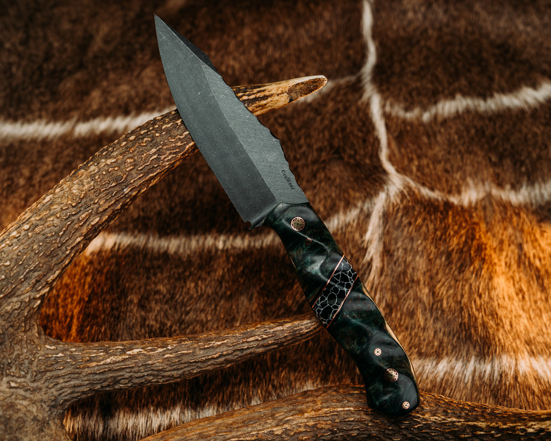 Field Knife (CruWear) - Dyed Redwood, Black G10 & Copper Pin Striping, Black w/ White Web TruStone Split, Mosaic Pins, Textured Grip.