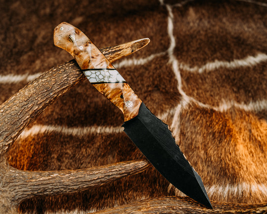 Field Knife (CruWear) - Cottonwood, Black G10 & Brass Pin Striping, White w/ Gold Web Stru Stone Split, Mosaic Pins, Textured Grip.