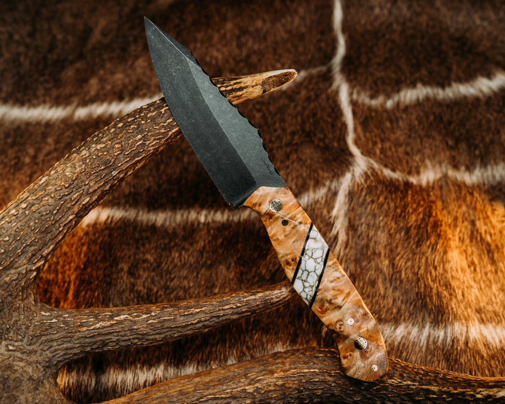 Field Knife (CruWear) - Cottonwood, Black G10 & Brass Pin Striping, White w/ Gold Web Stru Stone Split, Mosaic Pins, Textured Grip.