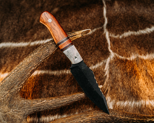 Field Knife (CruWear) - Black G10 & Brass Pin Striping, Red Carbon Splits, Mahogany Wood, Mosaic Pins, Contoured Grip.
