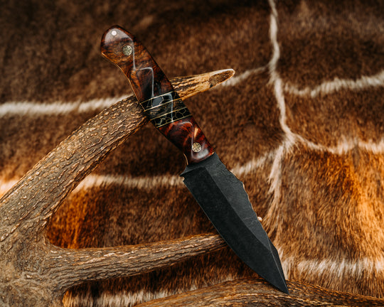 Field Knife (CruWear) - Snakewood, Black G10 & Brass Pin Striping, Black w/ Gold Web TruStone & Dark Matter Carbon Splits, Maple, Mosaic Pins, Textured Grip.