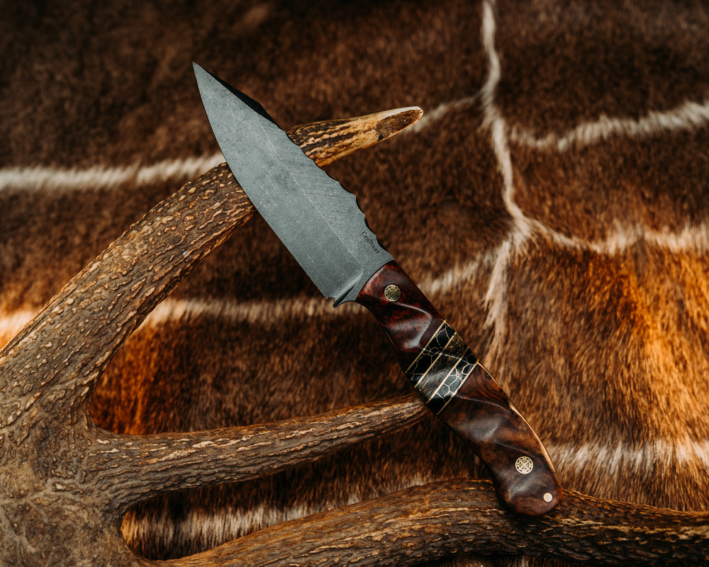 Field Knife (CruWear) - Snakewood, Black G10 & Brass Pin Striping, Black w/ Gold Web TruStone & Dark Matter Carbon Splits, Maple, Mosaic Pins, Textured Grip.