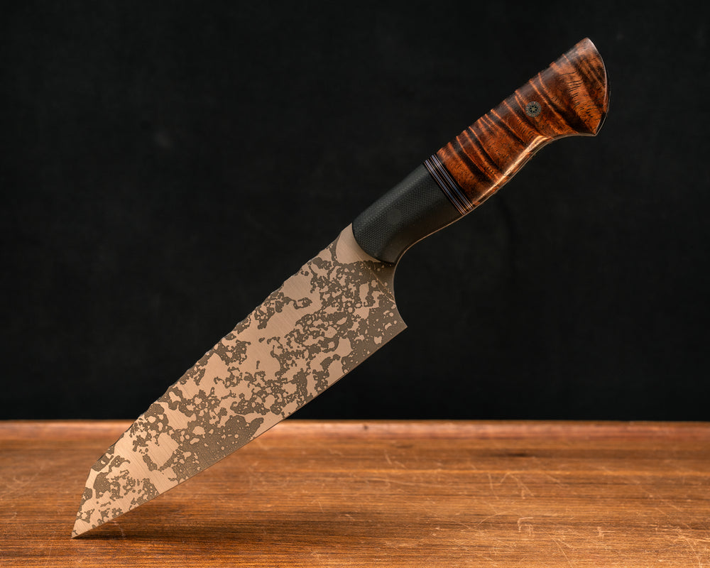 Santoku- Black G10, Black G10, Copper and Blue G10 Split, Hawaiian Curly Koa, CF Pin, Mosaic Pin, Smooth Grip