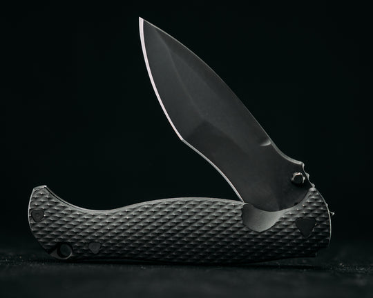 Extremis Folder -  Battle Worn Finished Black PVD Coated Titanium Ti Scales, Checkered  Textured, PVD Coated Blade, Deep Carry Pocket Clip
