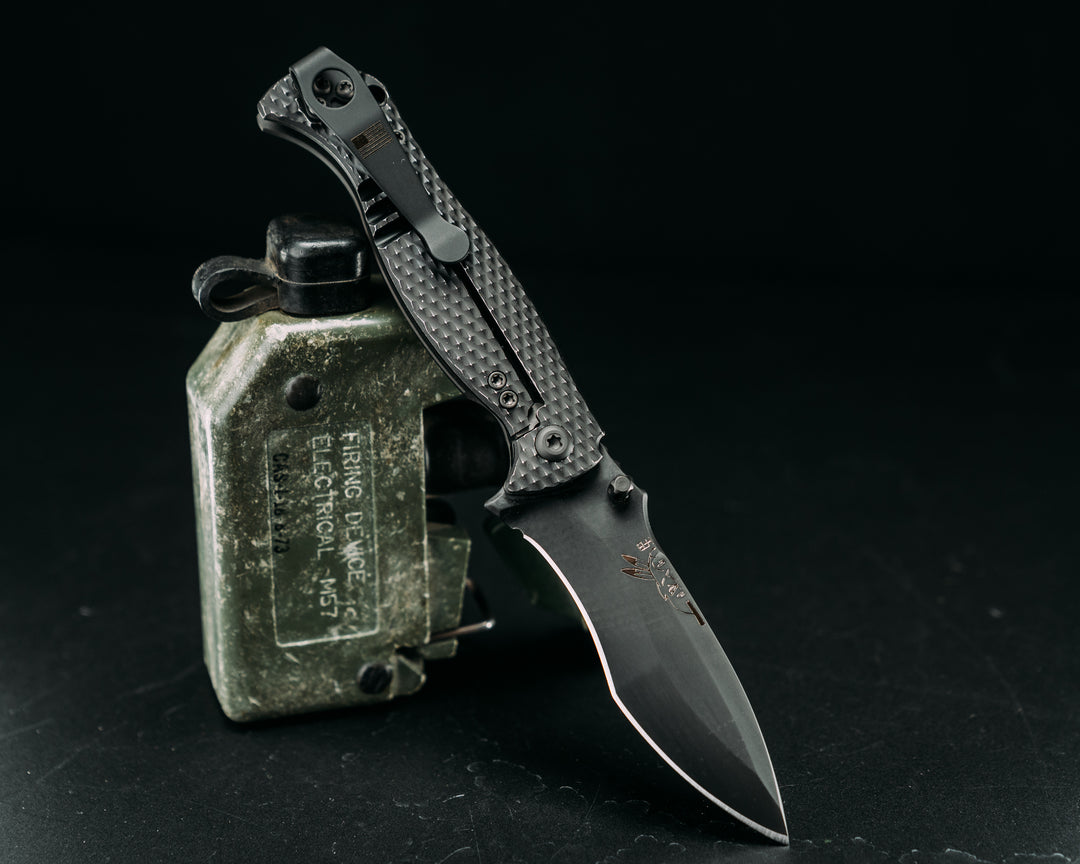 Extremis Folder -  Battle Worn Finished Black PVD Coated Titanium Ti Scales, Checkered  Textured, PVD Coated Blade, Deep Carry Pocket Clip