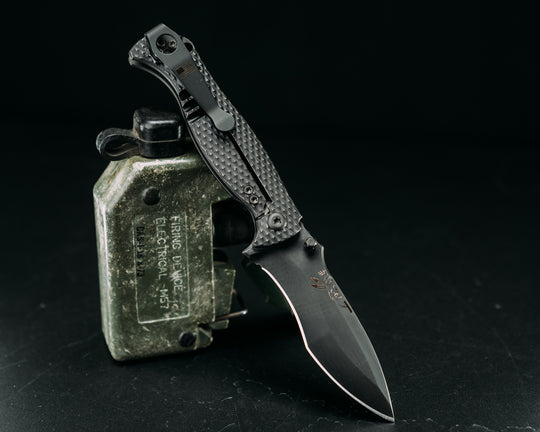 Extremis Folder -  Battle Worn Finished Black PVD Coated Titanium Ti Scales, Checkered  Textured, PVD Coated Blade, Deep Carry Pocket Clip