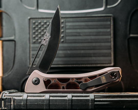 Custom Kwaiken Folder- Raffir Alume Moon Composite Brown, Anodized Grey Handle, Black Nitride Blade, Smooth Grip, Deep Carry Pocket Clip