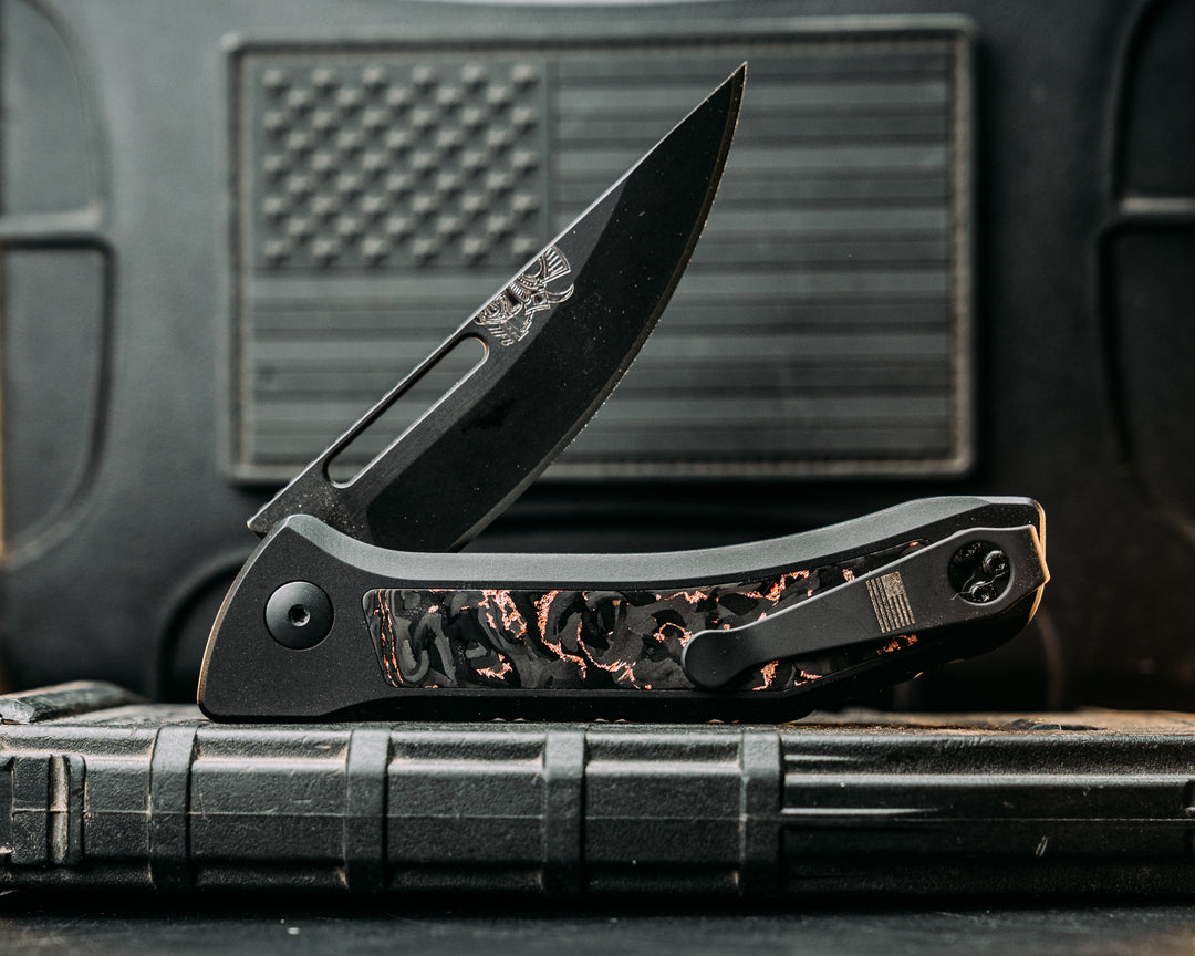 Custom Kwaiken Folder - Copper Storm Meteorite Carbon, Anodized Black Handle, Black Nitride Blade, Textured Grip, Deep Carry Pocket Clip