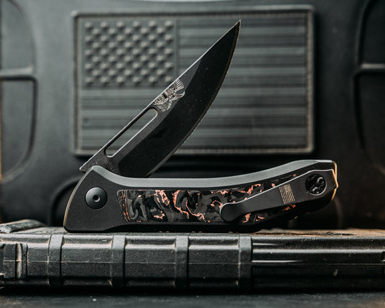 Custom Kwaiken Folder - Copper Storm Meteorite Carbon, Anodized Black Handle, Black Nitride Blade, Textured Grip, Deep Carry Pocket Clip