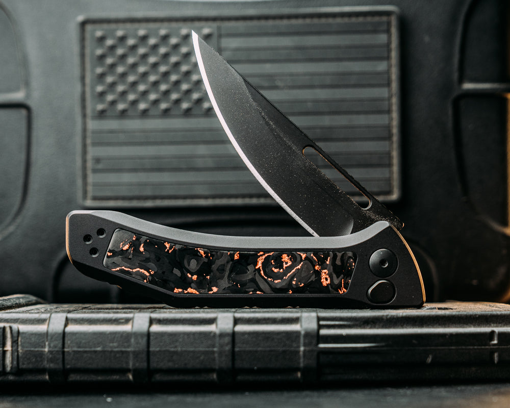 Custom Kwaiken Folder - Copper Storm Meteorite Carbon, Anodized Black Handle, Black Nitride Blade, Textured Grip, Deep Carry Pocket Clip