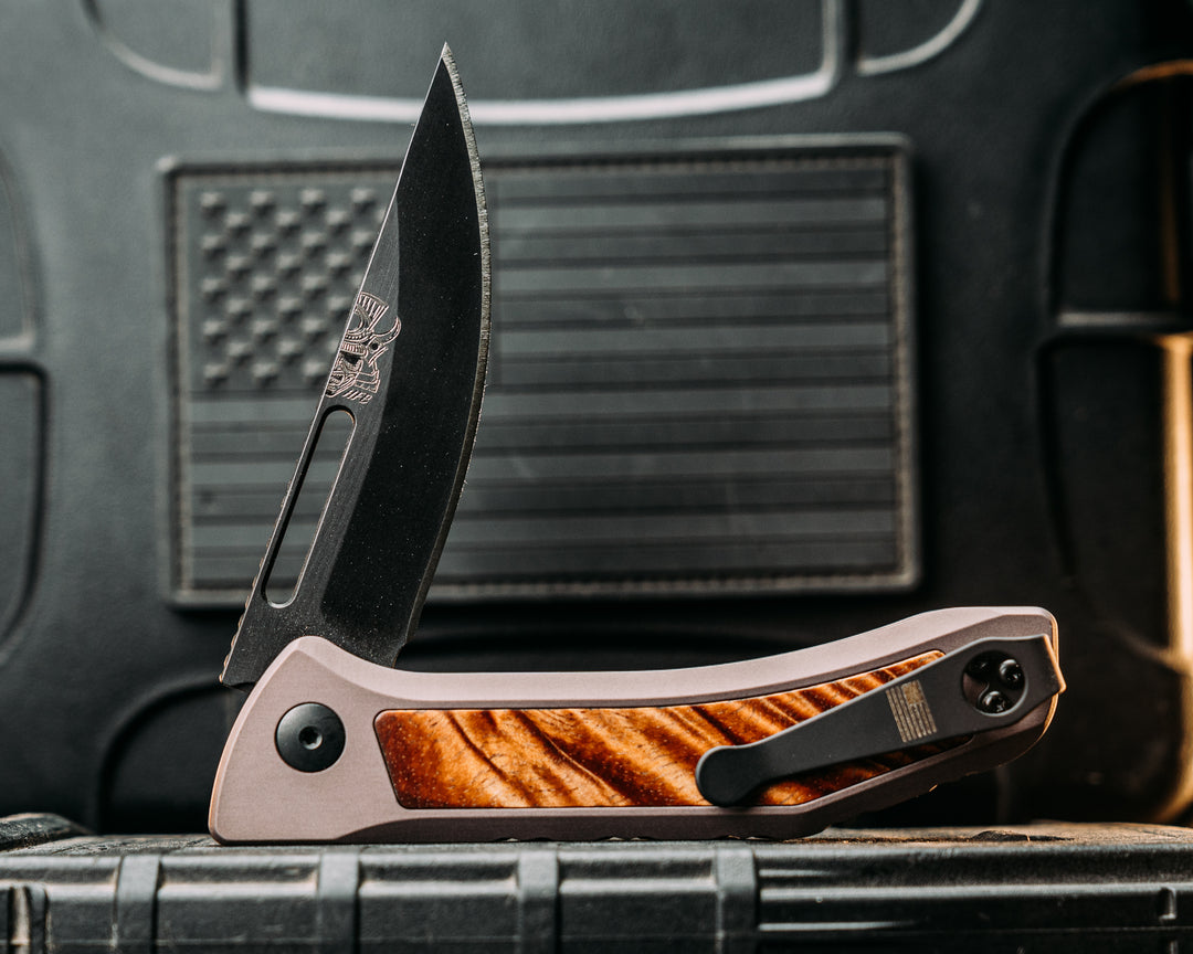 Custom Kwaiken Folder- Hawaiian Curly Koa, Anodized Grey Handle, Black Nitride Blade, Smooth Grip, Deep Carry Pocket Clip