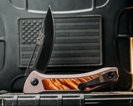 Custom Kwaiken Folder- Hawaiian Curly Koa, Anodized Grey Handle, Black Nitride Blade, Smooth Grip, Deep Carry Pocket Clip