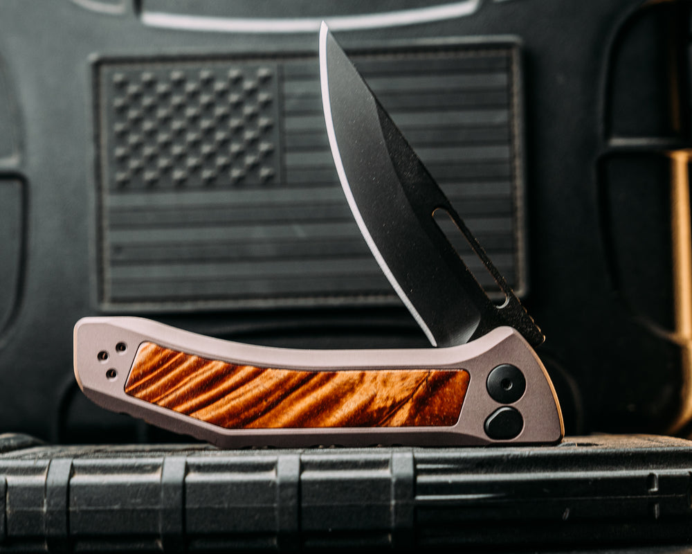 Custom Kwaiken Folder- Hawaiian Curly Koa, Anodized Grey Handle, Black Nitride Blade, Smooth Grip, Deep Carry Pocket Clip