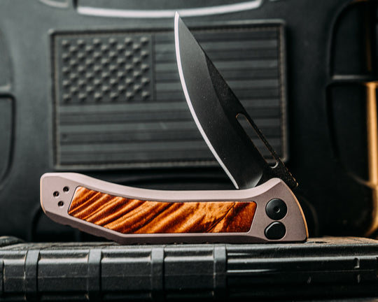 Custom Kwaiken Folder- Hawaiian Curly Koa, Anodized Grey Handle, Black Nitride Blade, Smooth Grip, Deep Carry Pocket Clip