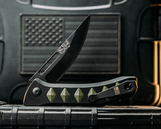 Kwaiken Folder custom - Money Camo Quartz, Anodized Black Handle, Black Nitride Blade, Textured Grip, Deep Carry Pocket Clip