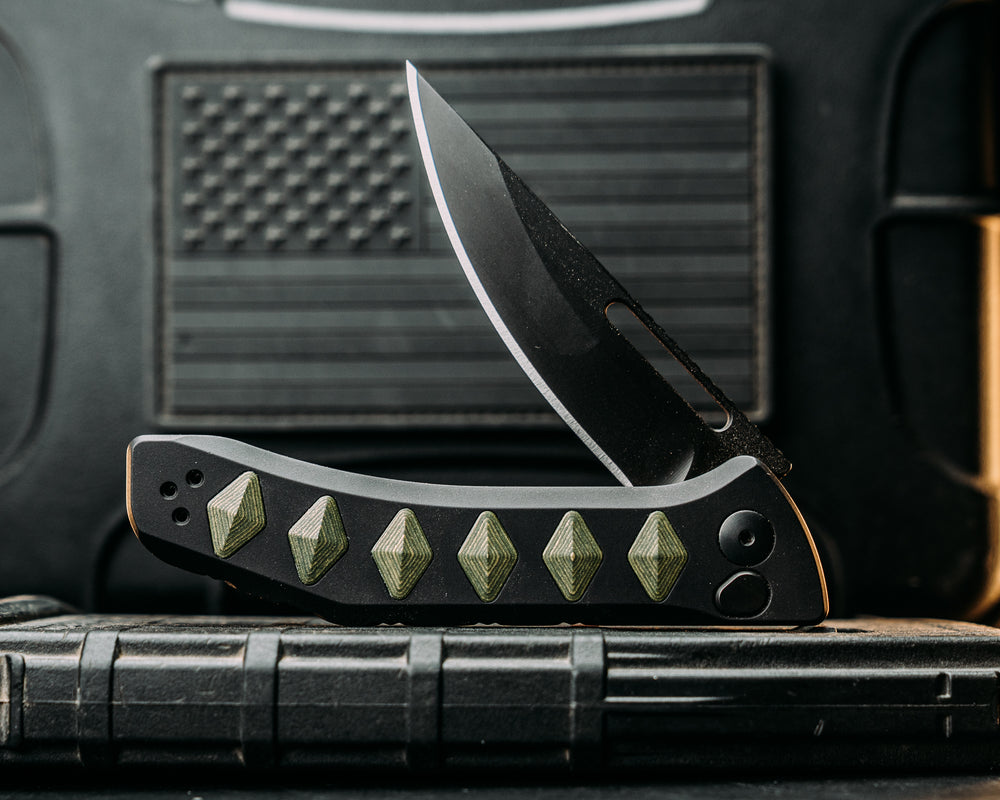 Kwaiken Folder custom - Money Camo Quartz, Anodized Black Handle, Black Nitride Blade, Textured Grip, Deep Carry Pocket Clip