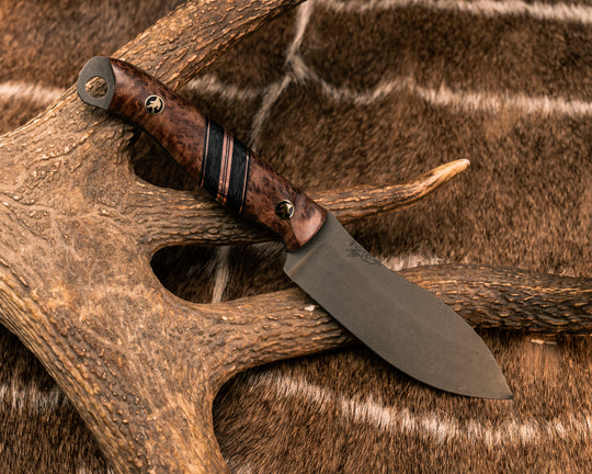 Hunter Skinner- Redwood Burl, Black G10, Copper and Black Canvas Micarta Split, Bigfoot Mosaic Pins, Textured Grip