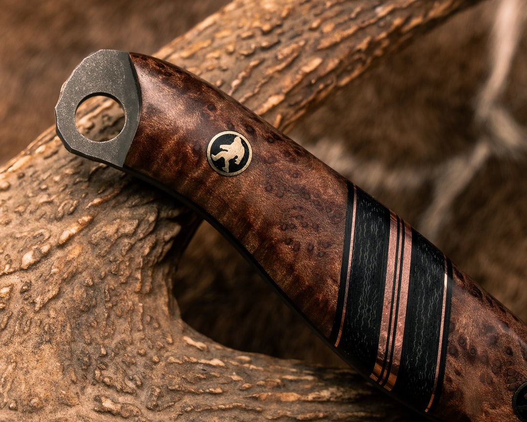 Hunter Skinner- Redwood Burl, Black G10, Copper and Black Canvas Micarta Split, Bigfoot Mosaic Pins, Textured Grip