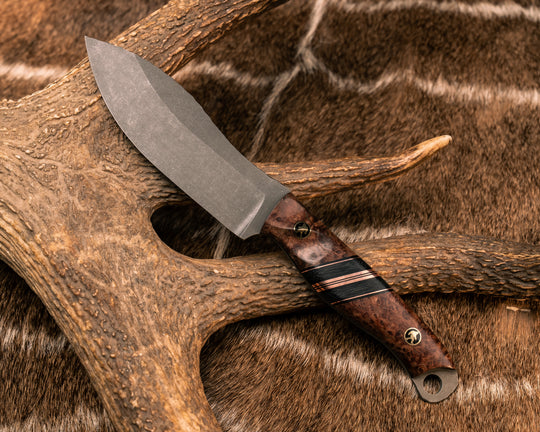 Hunter Skinner- Redwood Burl, Black G10, Copper and Black Canvas Micarta Split, Bigfoot Mosaic Pins, Textured Grip