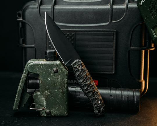 Feather Light- Black Canvas Micarta, Armor Black Cerakote, Ti Torx Bolts, Textured Grip