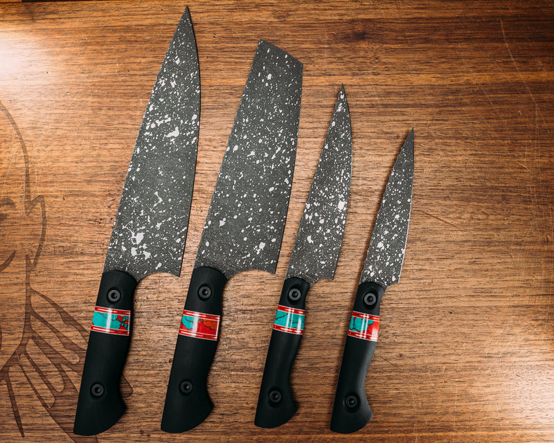 Chef Set - Black G10, White & Cherry G10 w/ Copper Pin Striping, Sonoran Sunset Tru Stone Split, Allen Bolts, Smooth Grip