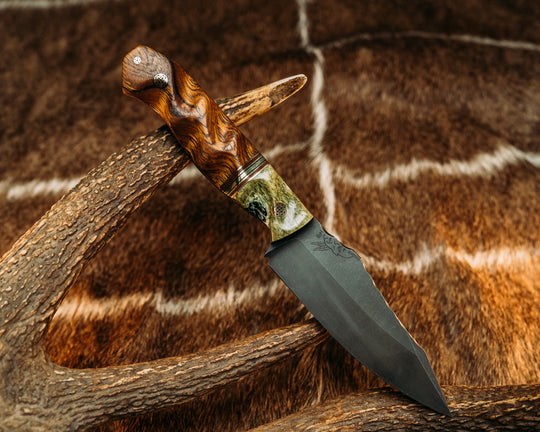 Field Knife (CruWear) - Dyed Giraffe Bone, Brass, Natural Micarta and Black G10 Split, Desert Ironwood, Mosaic Pins, Textured Grip
