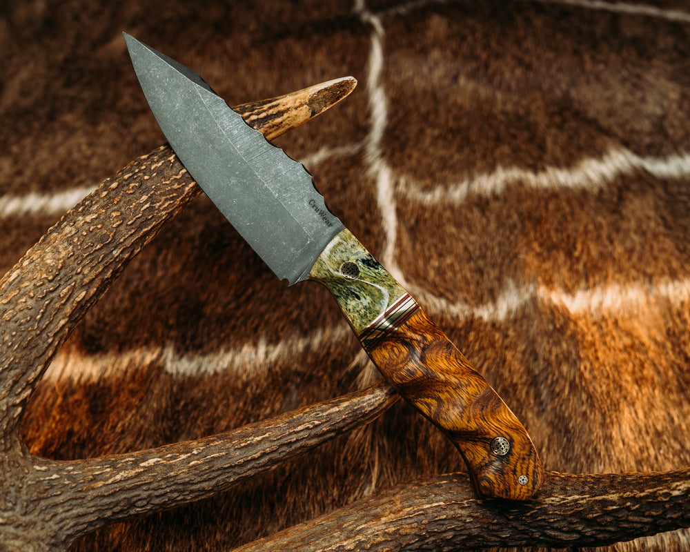 Field Knife (CruWear) - Dyed Giraffe Bone, Brass, Natural Micarta and Black G10 Split, Desert Ironwood, Mosaic Pins, Textured Grip