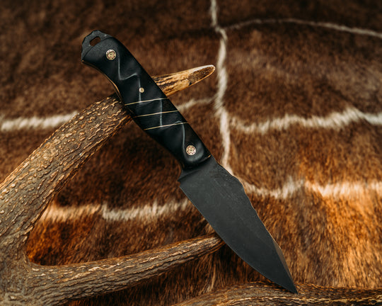 Field Knife (CruWear) - Ebony, Brass and Black G10 Pin Striping, Black Burlap Micarta Split, Mosaic Pins, Brass Pin, Textured Grip