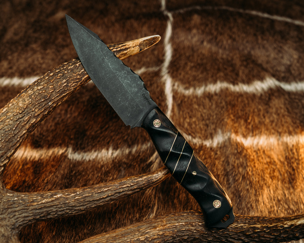 Field Knife (CruWear) - Ebony, Brass and Black G10 Pin Striping, Black Burlap Micarta Split, Mosaic Pins, Brass Pin, Textured Grip